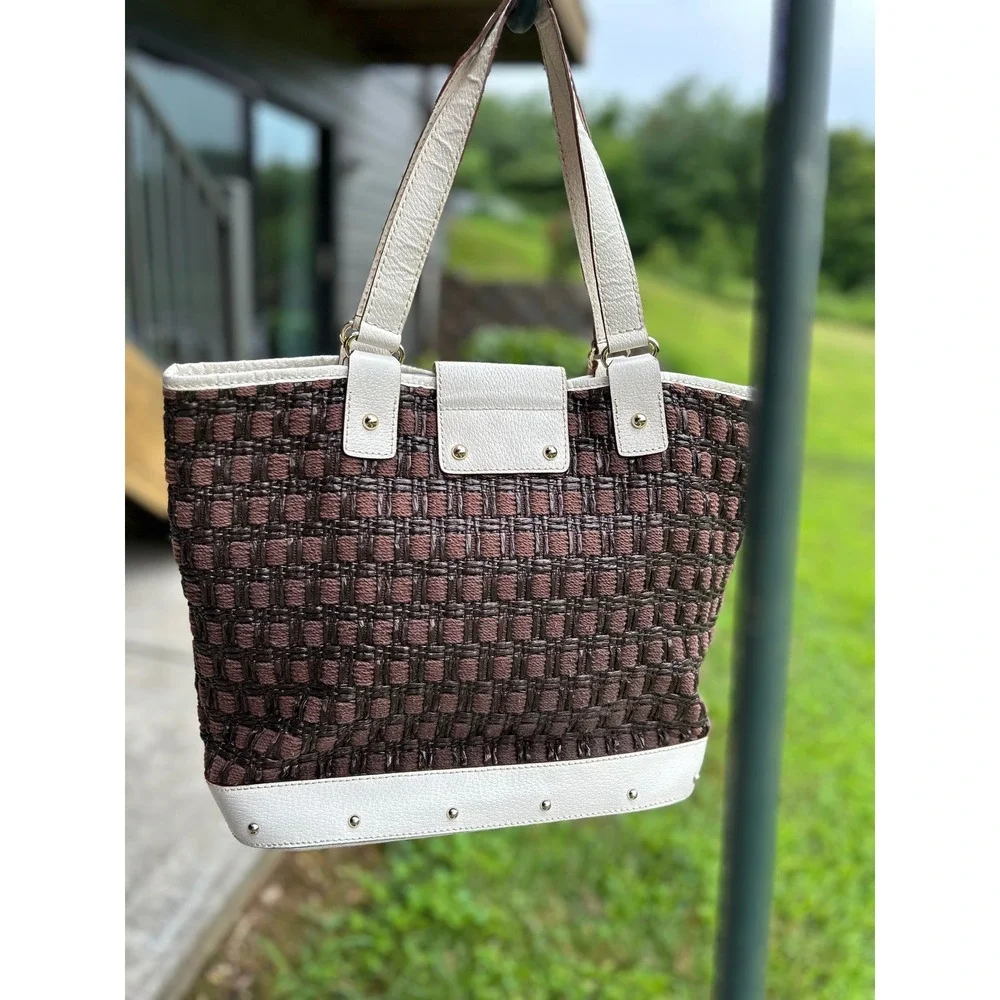 Vintage Kate Spade Woven Tote Cream Brown Classic Leather Designer Shoulder Bag